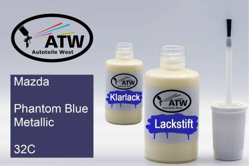 Mazda, Phantom Blue Metallic, 32C: 20ml Lackstift + 20ml Klarlack - Set, von ATW Autoteile West.